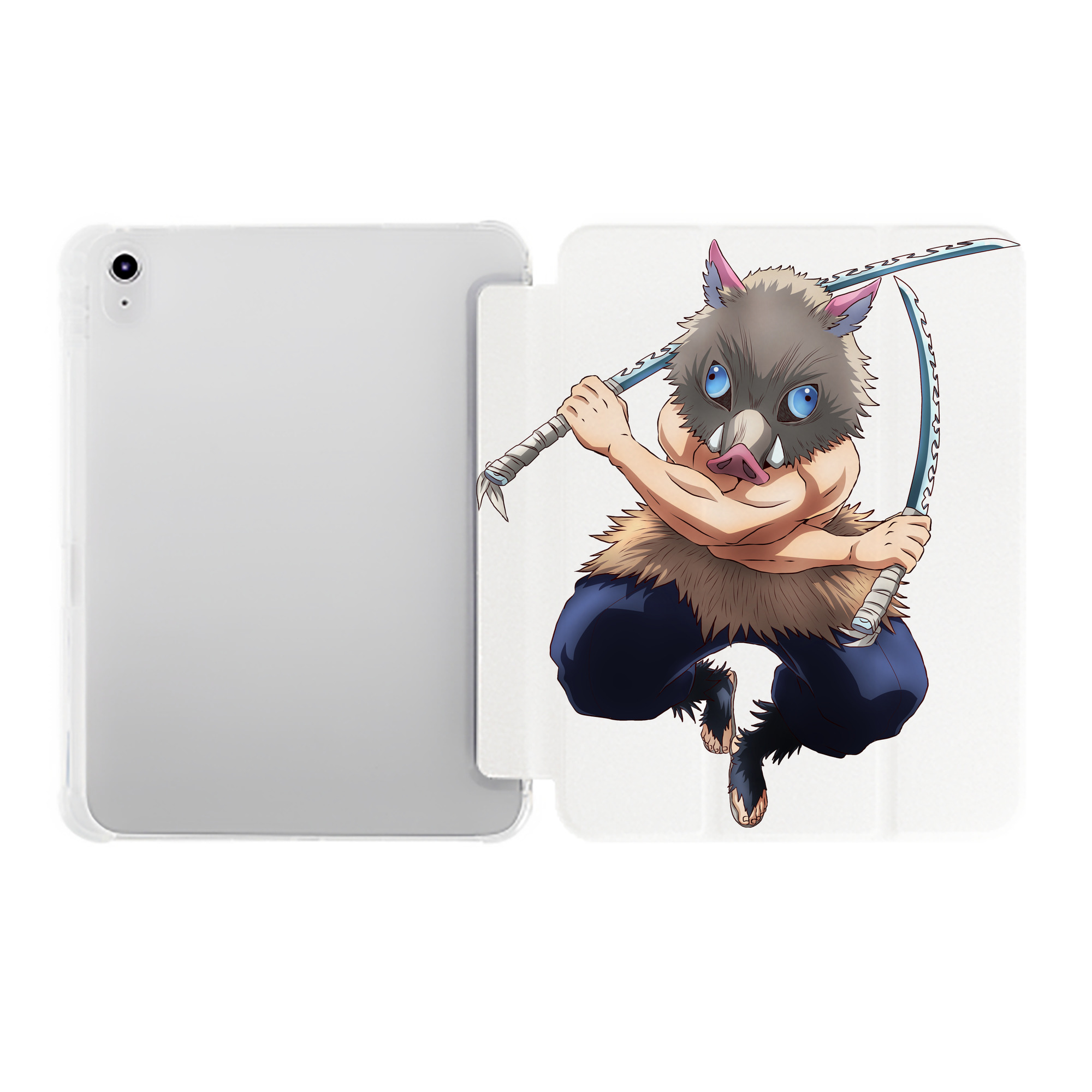（画像用） 鬼滅の刃（きめつのやいば）嘴平 伊之助／はしびら いのすけ Hashibira Inosuke IPad ケース ペン収納付き 三つ折りスタンド PUレザー×シリコン 対応機種9.5/10.5/10.9インチ